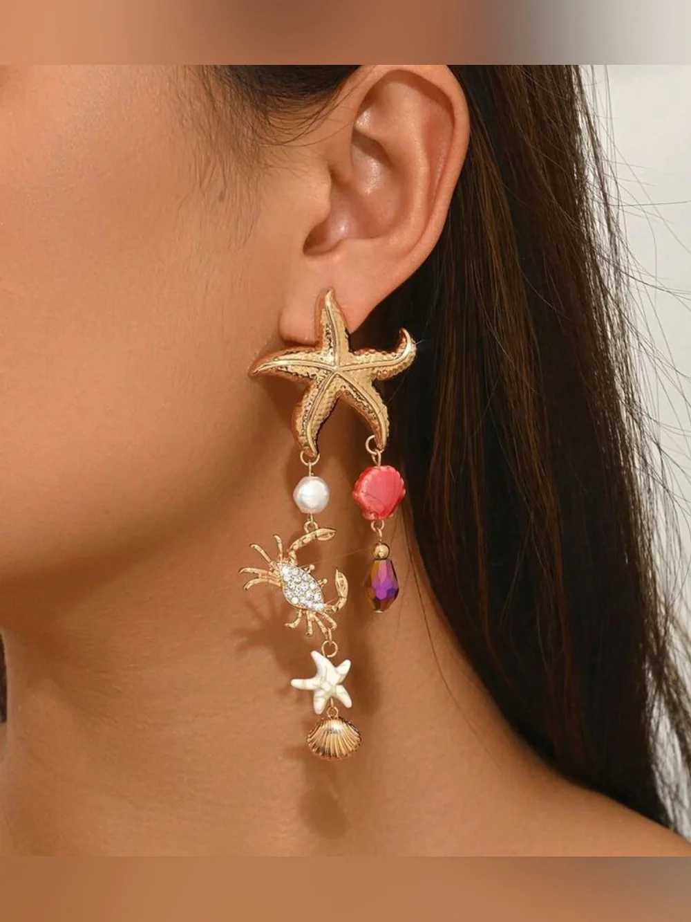 Gold Starfish Drop Earrings A1709 - Picture 1 of 3